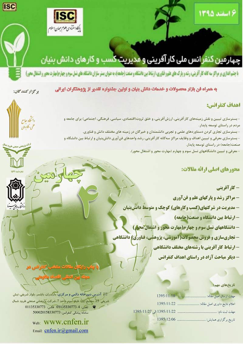 چهارمین کنفرانس ملی کارآفرینی و مدیریت کسب و کارهای دانش بنیان چهارمین کنفرانس ملی کارآفرینی و مدیریت کسب و کارهای دانش بنیان